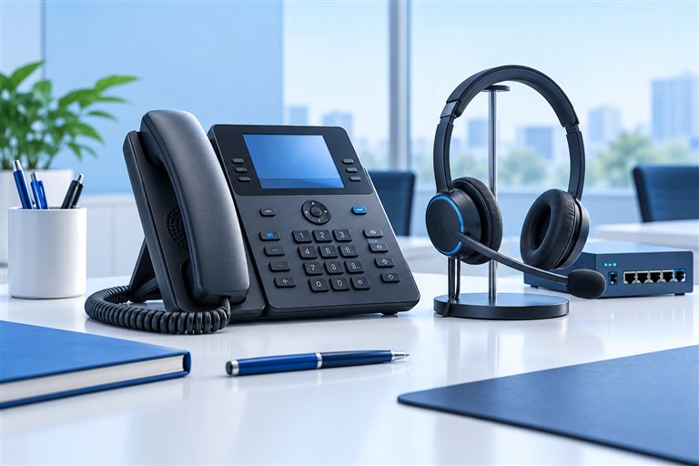 Teléfono IP y auriculares para comunicaciones