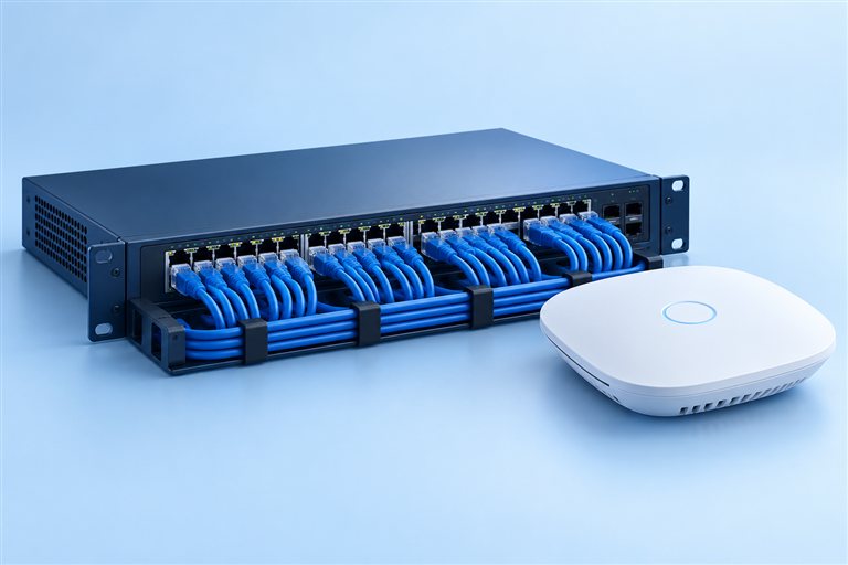 Switch de red, cableado y punto de acceso Wi-Fi